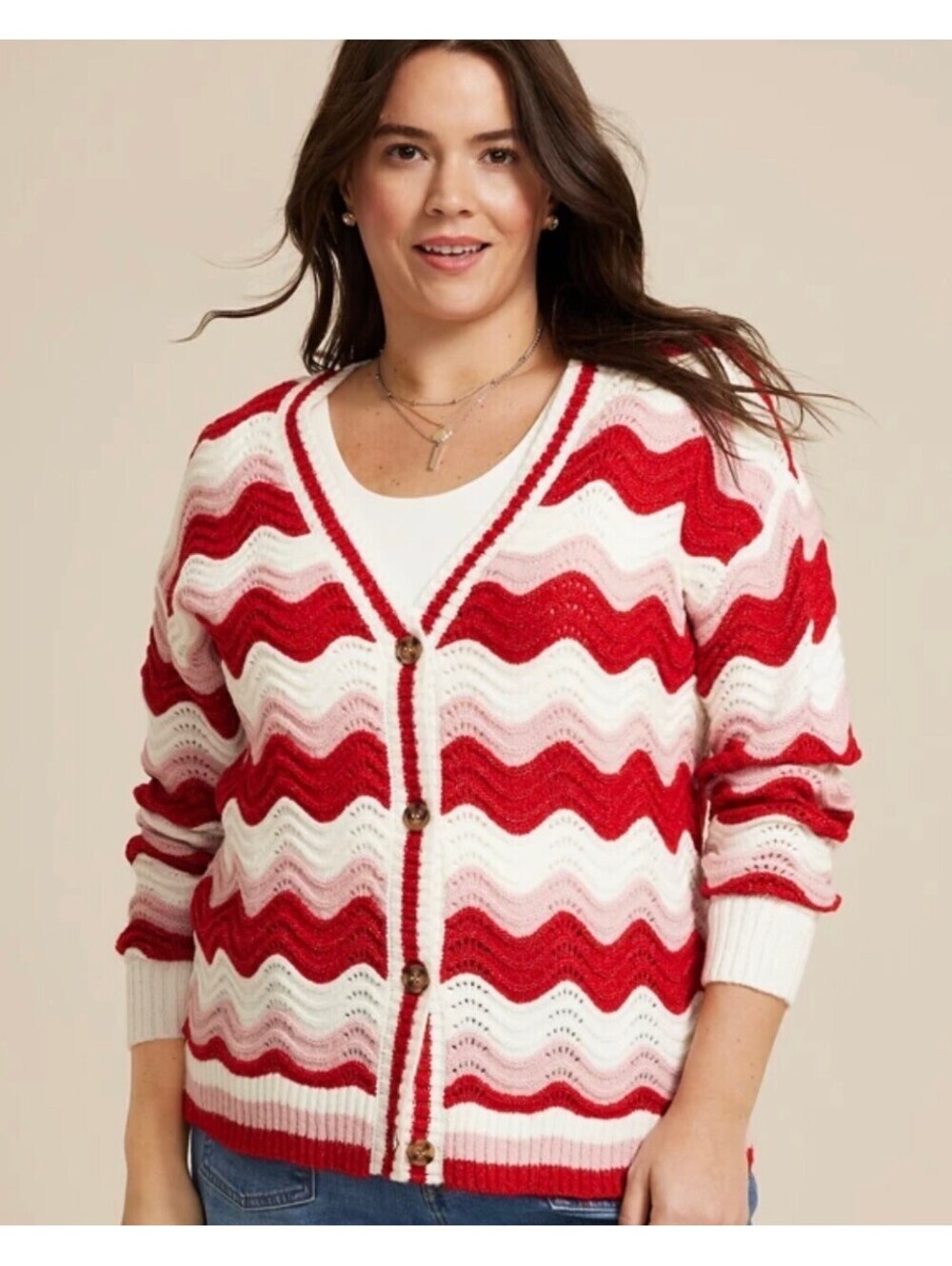 Maurices Wavy Striped Knit Cardigan In Red & Pink - Women's 1X